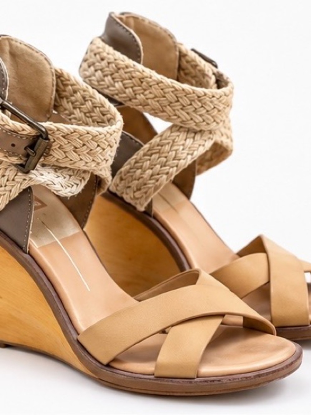 Dolce Vita Tan Leather Wood Wedge Sandals Braided Ankle Strap Size 8